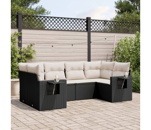 Set de sofás de jardín 6 piezas y cojines ratán sintético negro