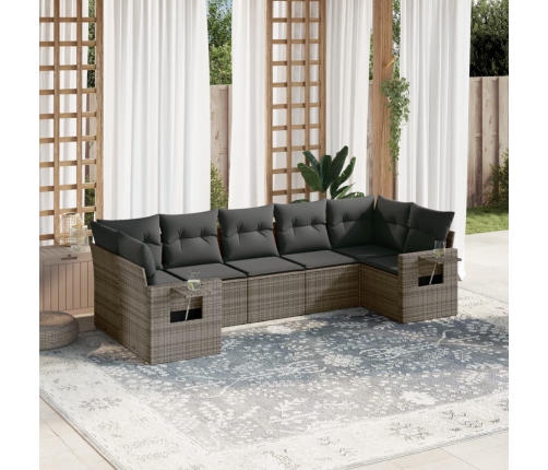 Set de sofás de jardín 7 piezas con cojines ratán PE gris