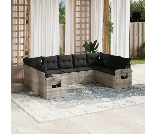 Set muebles jardín 9 pzas y cojines ratán sintético gris claro