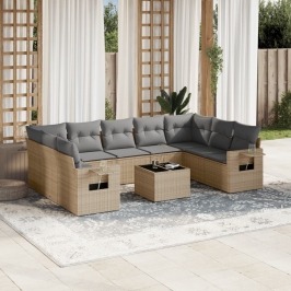 Juego de sofás jardín con cojines beige 10 pzas ratán sintético
