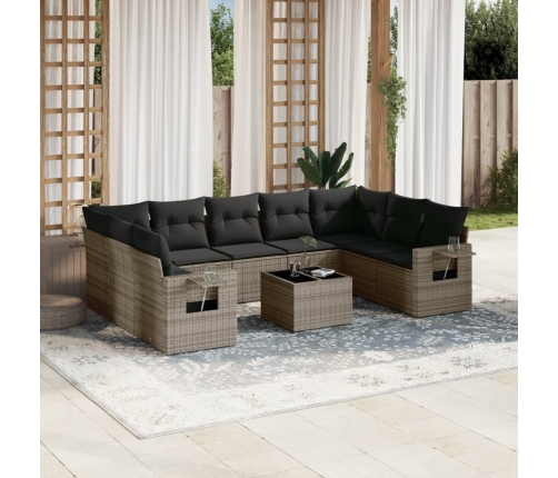 Set de sofás de jardín 10 pzas con cojines ratán sintético gris