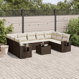 Set de sofás de jardín 10 pzas y cojines ratán sintético marrón