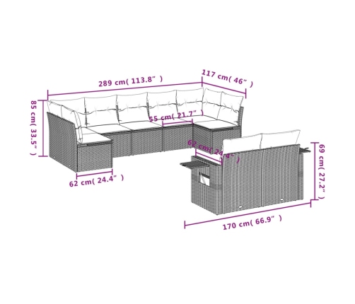 Set muebles jardín 9 pzas y cojines ratán sintético gris claro