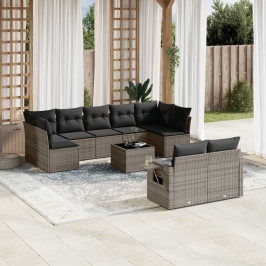 Set de sofás de jardín 10 pzas con cojines ratán sintético gris