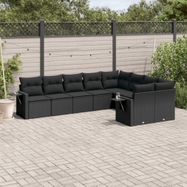 Set de sofás de jardín 8 piezas y cojines ratán sintético negro
