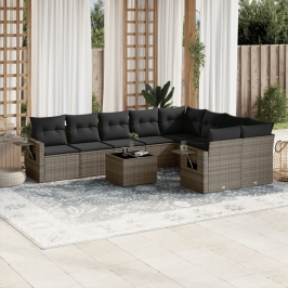Set de sofás de jardín 10 pzas con cojines ratán sintético gris