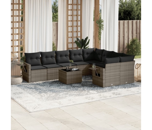 Set de sofás de jardín 10 pzas con cojines ratán sintético gris