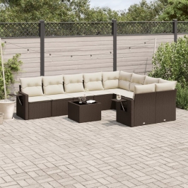 Set de sofás de jardín 10 pzas y cojines ratán sintético marrón