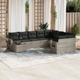 Set sofás jardín 10 pzas con cojines ratán sintético gris claro