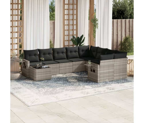 Set sofás jardín 10 pzas con cojines ratán sintético gris claro