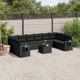 Set de sofás de jardín 11 pzas y cojines ratán sintético negro