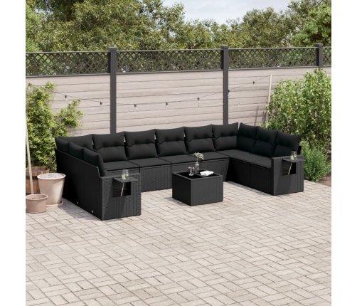 Set de sofás de jardín 11 pzas y cojines ratán sintético negro