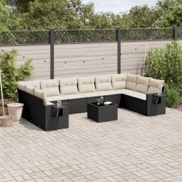 Set de sofás de jardín 11 pzas y cojines ratán sintético negro