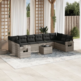 Set de sofás de jardín 11 pzas y cojines ratán sintético gris
