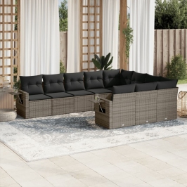 Set de sofás de jardín 10 pzas con cojines ratán sintético gris