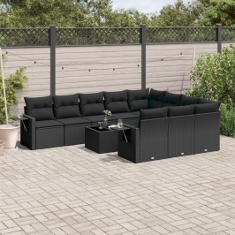 Set de sofás de jardín 11 pzas y cojines ratán sintético negro