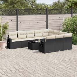 Set de sofás de jardín 11 pzas y cojines ratán sintético negro