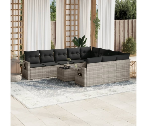 Set de sofás de jardín 11 pzas y cojines ratán sintético gris