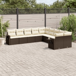 Set de sofás de jardín 10 pzas y cojines ratán sintético marrón