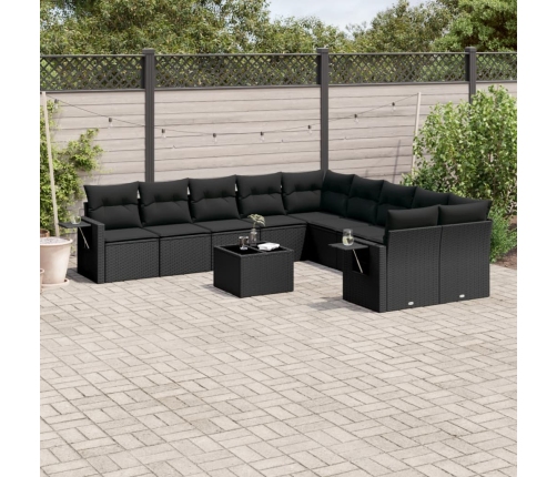 Set de sofás de jardín 11 pzas y cojines ratán sintético negro