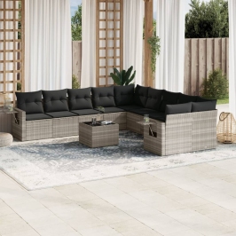 Set de sofás de jardín 11 pzas y cojines ratán sintético gris