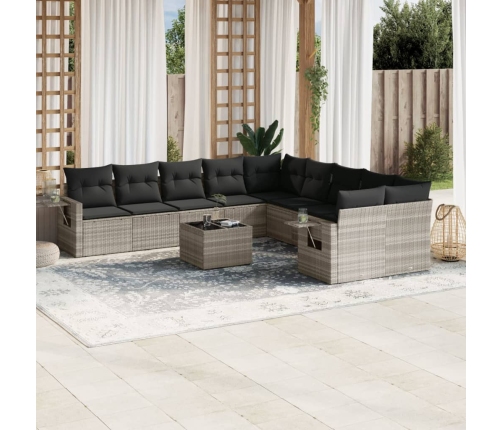 Set de sofás de jardín 11 pzas y cojines ratán sintético gris