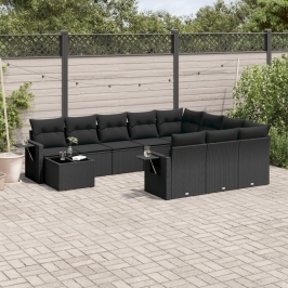 Set de sofás de jardín 11 pzas y cojines ratán sintético negro