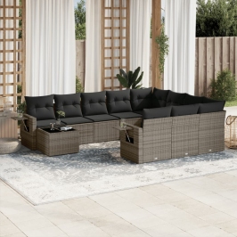 Set de sofás de jardín 11 pzas y cojines ratán sintético gris