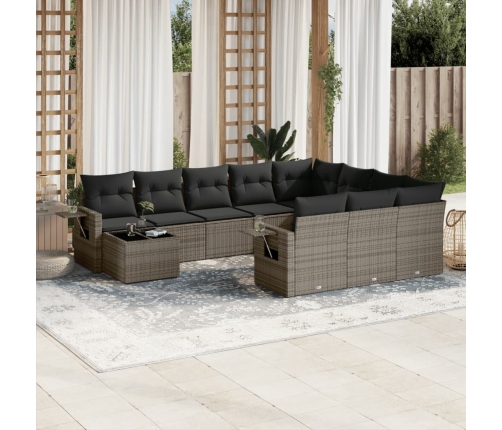 Set de sofás de jardín 11 pzas y cojines ratán sintético gris