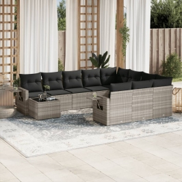 Set de sofás de jardín 11 pzas y cojines ratán sintético gris