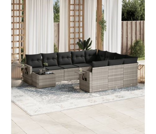 Set de sofás de jardín 11 pzas y cojines ratán sintético gris