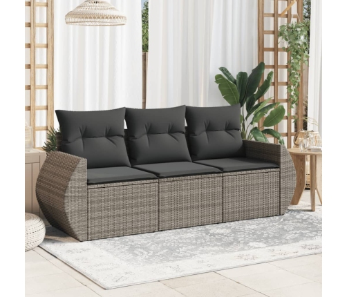 Set de sofá de jardín 3 pzas y cojines ratán sintético gris
