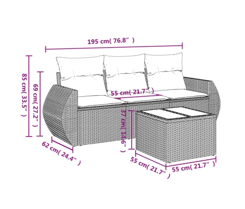 Set de sofás de jardín 4 pzas y cojines ratán sintético gris