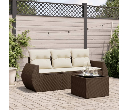 Set de sofás de jardín 4 pzas y cojines ratán sintético marrón