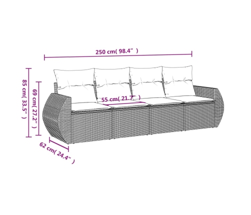 Set de sofás de jardín 4 pzas y cojines ratán sintético gris