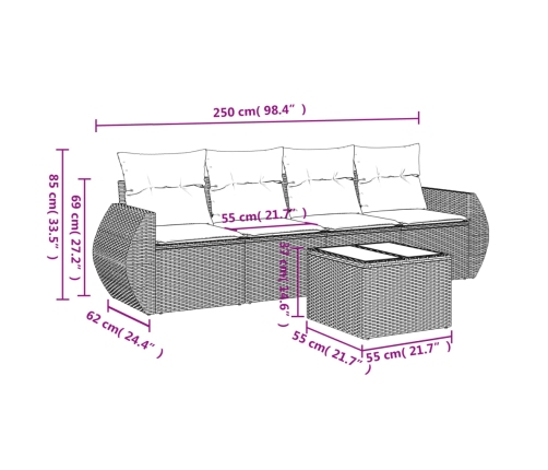 Set comedor de jardín 5 piezas y cojines ratán sintético marrón