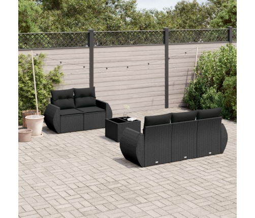Set de sofás de jardín 6 piezas y cojines ratán sintético negro