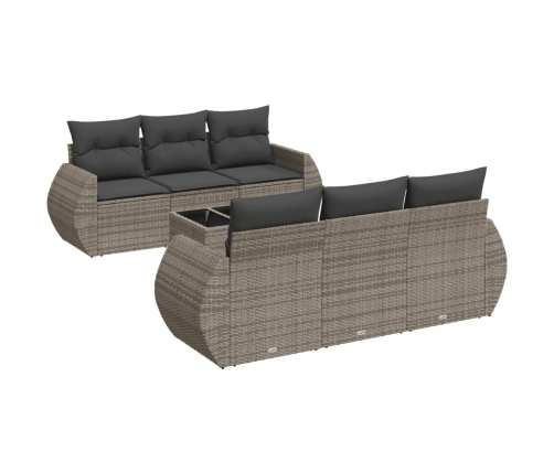 Set de sofás de jardín 7 piezas con cojines ratán PE gris
