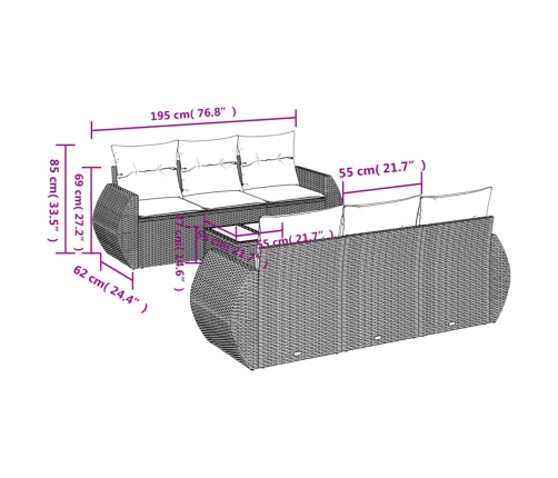 Set de sofás de jardín 7 piezas con cojines ratán PE gris