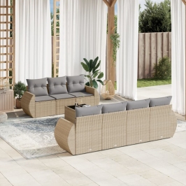 Juego de sofás de jardín con cojines beige 8 pzas ratán PE