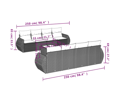 Set de muebles de jardín 9 pzas y cojines ratán sintético gris