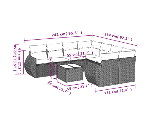 Set muebles jardín 9 pzas y cojines ratán sintético gris claro