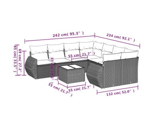 Set de sofás de jardín 9 pzas y cojines ratán sintético marrón