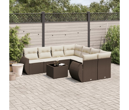 Set de sofás de jardín 9 pzas y cojines ratán sintético marrón