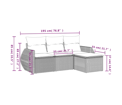 Set de sofás de jardín 4 pzas y cojines ratán sintético gris