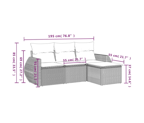 Set de sofás de jardín 4 pzas y cojines ratán sintético marrón