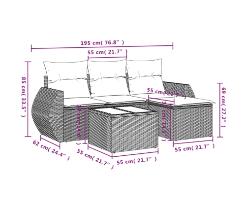 Set de muebles de jardín 5 pzas y cojines ratán sintético negro