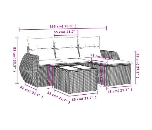 Set de muebles de jardín 5 pzas y cojines ratán sintético negro