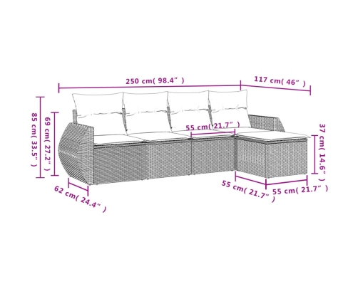 Set comedor de jardín 5 piezas y cojines ratán sintético marrón