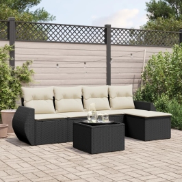 Set de sofás de jardín 6 piezas y cojines ratán sintético negro